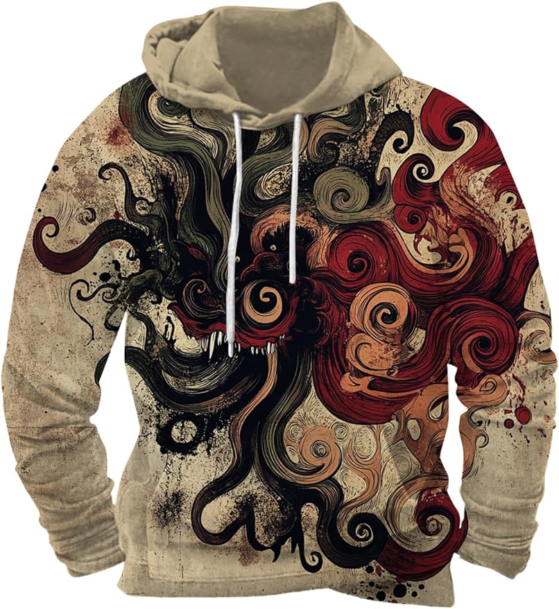 Mens Animal Print Graphic Hoodies Casual Long Sleeve Japanese Art Style Hooded Sweatshirt Lightweight Pullover Tops