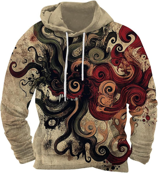 Mens Animal Print Graphic Hoodies Casual Long Sleeve Japanese Art Style Hooded Sweatshirt Lightweight Pullover Tops