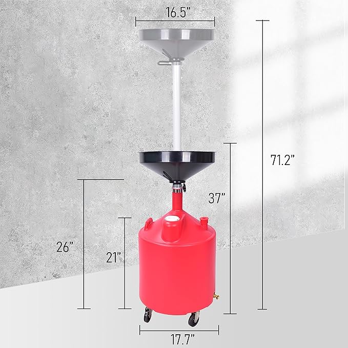 A46A 18 Gallon Industrial Waste Oil Drain Tank,Oil Changing,Portable Waste Oil Change Tank With Wheels and Adjustable funnel height for car, Funnel Drain, Red