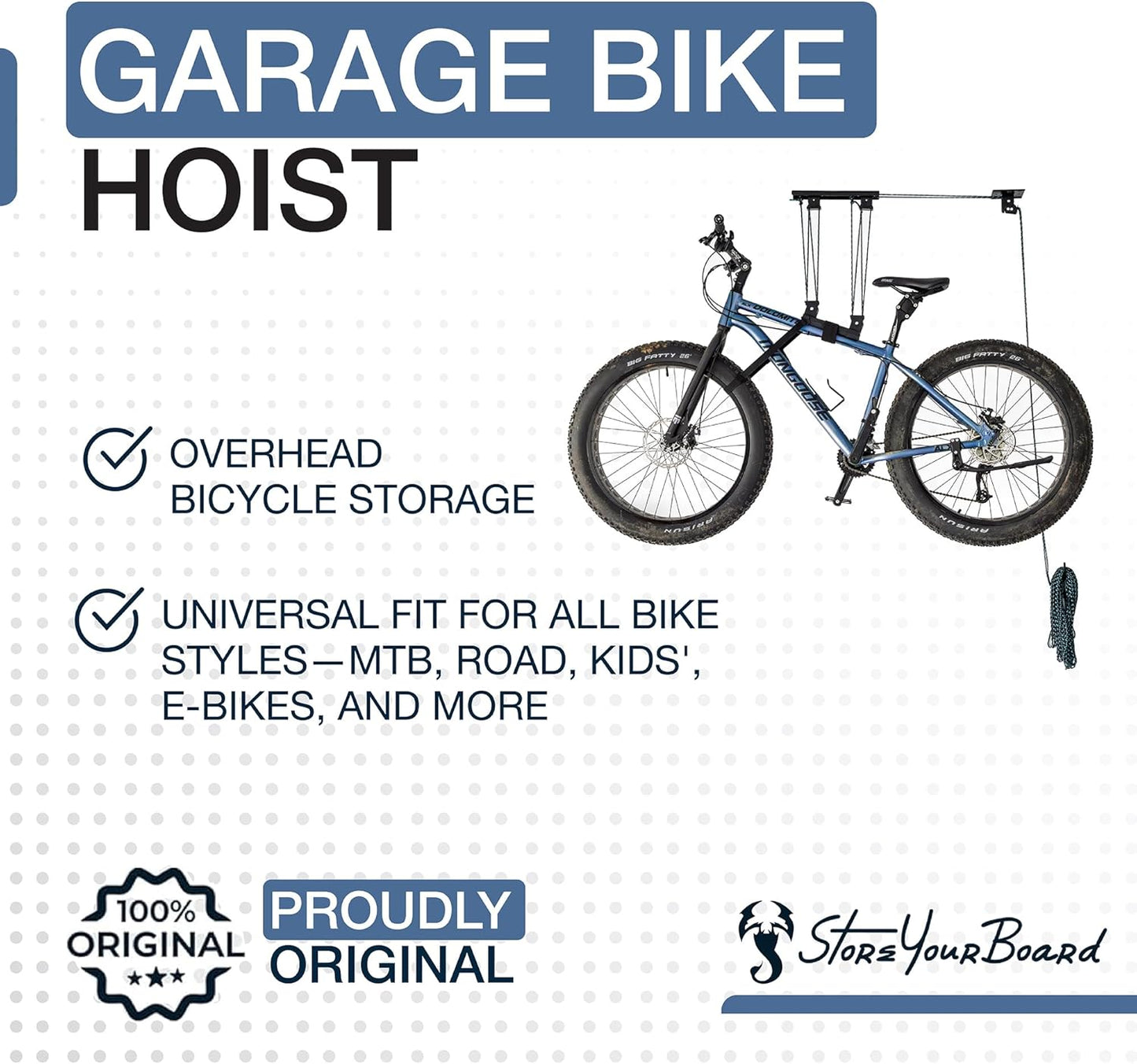 StoreYourBoard Bike Hoist, No-Slip Bicycle Ceiling Storage, Heavy-Duty Garage Pulley Lift System, Road, MTB, Fat Tire, Ebike Hanger