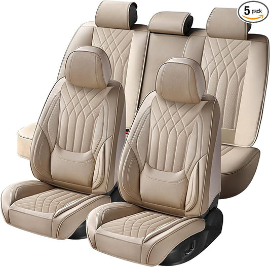 Car Seat Covers Full Set, Nappa Leather Seat Covers for Cars, Beige Car Seat Protector Waterproof, Car Seat Covers Front Seats and Back Fit for Most Cars SUVs Trucks