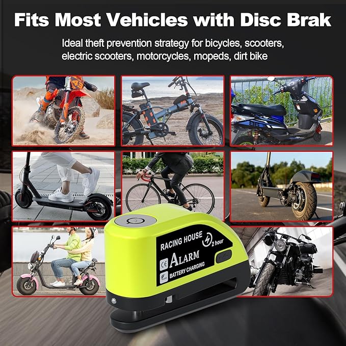 Motorcycle Lock Rechargeable, Alarm Disc Brake Lock with Reminder Cable, 110 dB Alarm Sound, Anti-Theft Waterproof, 2 H Fast-Charging, 9 Months Standby, 7 mm Lock Pin Universal for Bikes