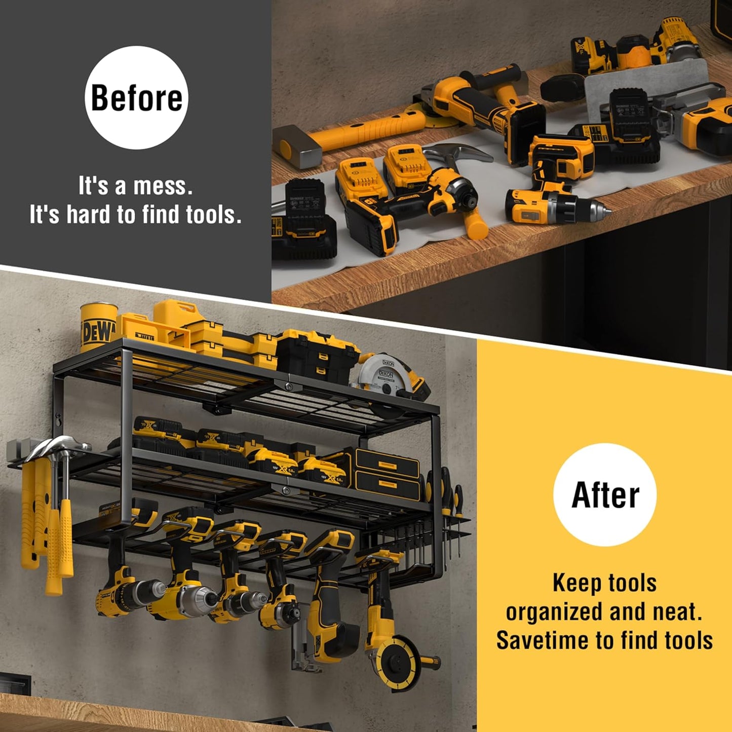 YYR Heavy Duty Power Tool Organizer Wall Mount, Cordless Drill Hanger Storage Rack, Battery Tools Holder with Charging Station Shelf for Garage Organization, Workshop, Pegboard, Shed - 24 Inch 6 Slots