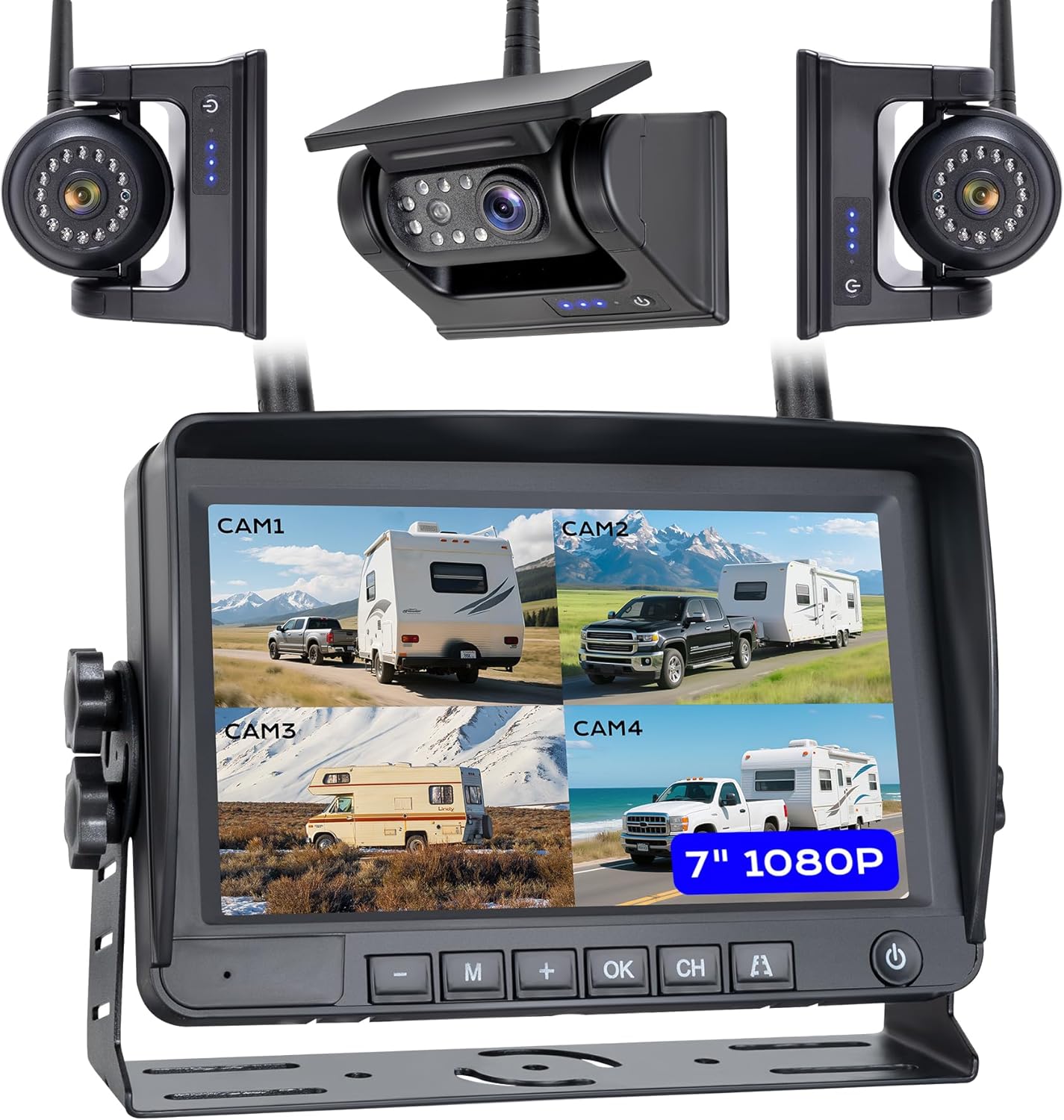 7" 3-Magnetic Wireless RV Backup Camera, HD1080P DVR Monitor, IP69 Waterproof & IR Night Vision 3x9600mAh Rechargeable Cameras, 2 Side Cameras & 1 Rear Camera for Trailer Truck Camper-WS703