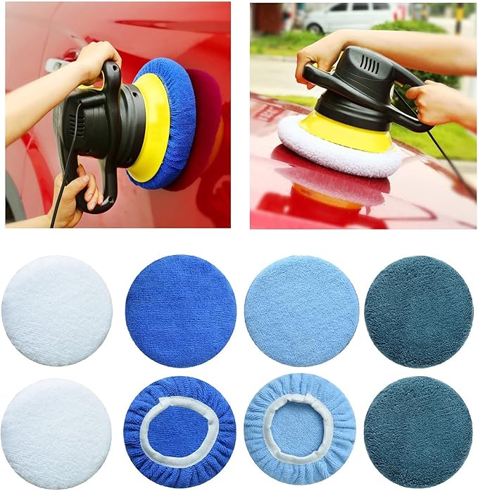 Boltigen 8pcs 5-6 inch Buffing Pads Orbital Polishing Pad 4 Colors 5'' to 6'' Microfiber Coral Fleece Bonnet Car Buffer Polisher Waxing Covers for Automobile Glass Cleaning and Polish