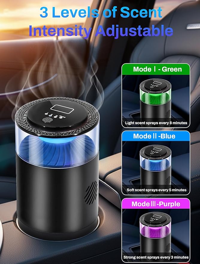 Smart Car Air Freshener,Ambient Light & Mist Fragrance,2 Pack Refill for 6 Months,Auto On/Off,3 Adjustable Modes,Black Air Freshener Perfect for Car,Bedroom,Office,Restrooms. (Ocean)