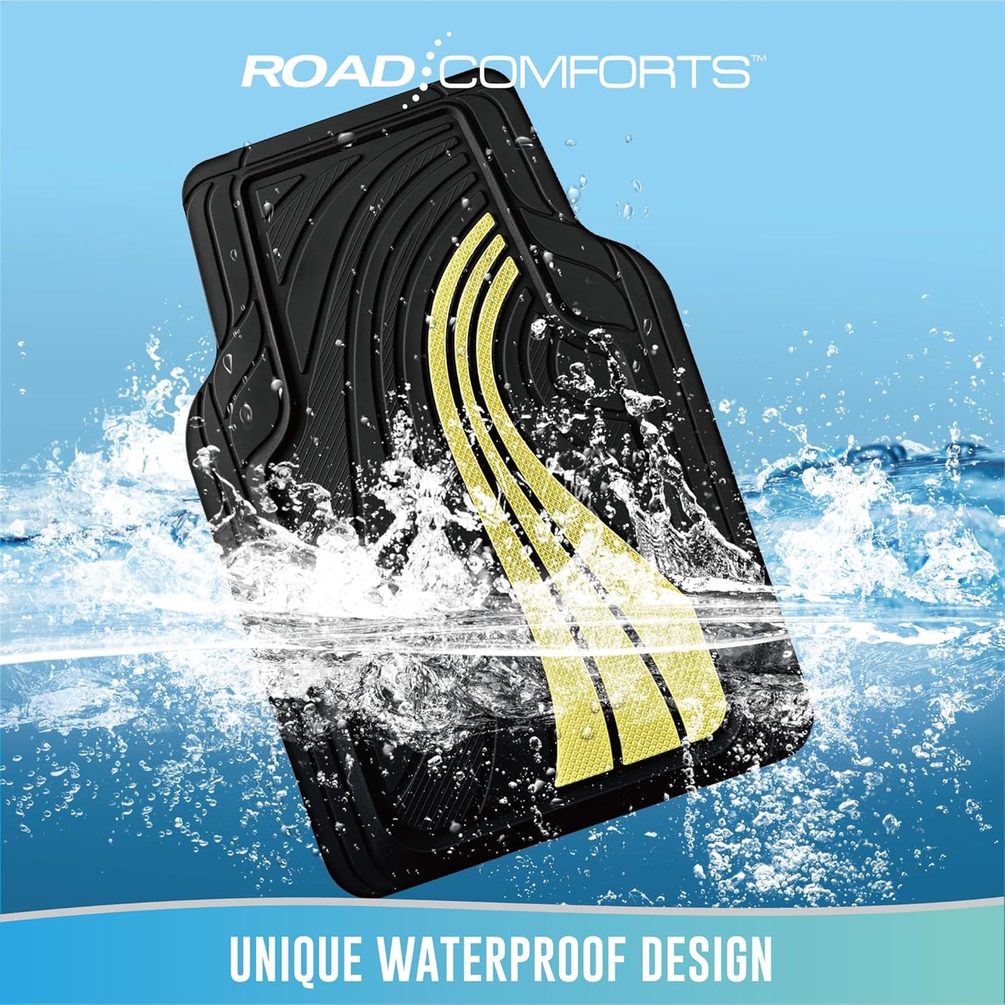 Road Comforts Car Floor Mats Full Set – Front & Rear Car Floor Mats with Aluminum Design, Anti-Slip Backing, All-Weather Protection, Trim-to-Fit Car Mats for Most Sedans, SUVs & Vans - Yellow