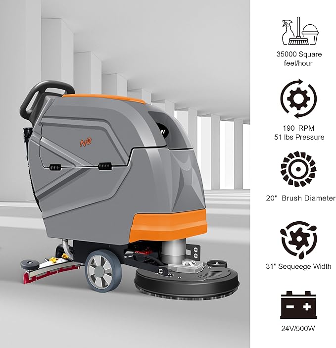 N3 20" Walk-Behind Floor Scrubber Machine - 31" Squeegee, 13-Gal Recovery Tank, 190 RPM, User-friendly, Complete Kit