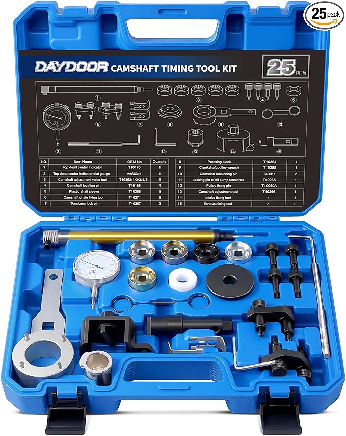 DAYDOOR Camshaft Crankshaft Engine Timing Tool Kit with Storage Case Compatible with Audi VW VAG 2006-2018 EA888 1.8 2.0 TSI TFSI T10355 T10060A T10352 T10368 T40011 T40196 T40268-25 PCS