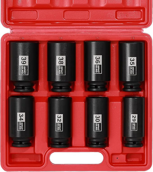 EMENTOL 8PCS 1/2" Drive Deep Spindle Axle Nut Impact Socket Set, CR-MO, 12 Point, Metric, Deep Socket Impact Socket Set-29,30 32, 34, 35, 36, 38, 39mm