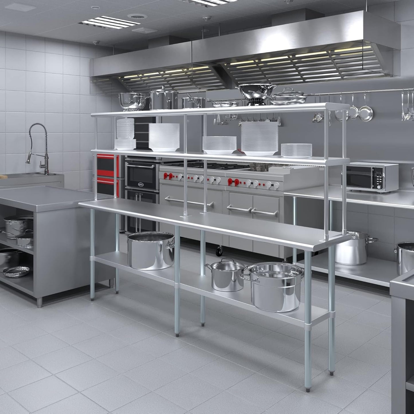 Amgood Stainless Steel Work Table Double Tier Overshelf | Metal Kitchen Prep Table & Shelving Combo (18" x 96" Work Table + 12" Overshelf)