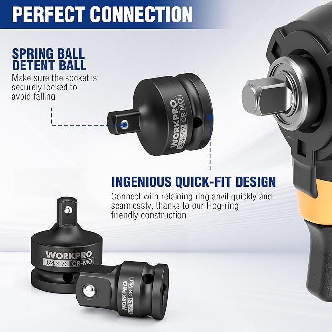 WORKPRO 2-Piece Impact Socket Adapter and Reducer Set, 3/4" F to 1/2" M & 1/2" F to 3/4" M Drive Socket Adapter Set, Cr-Mo Steel, Square Drive Adapter for Impact Driver Conversions