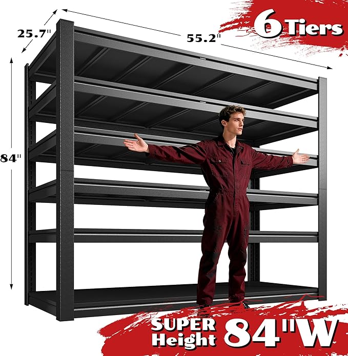 3180LBS Storage Shelves, 55.2" W Garage Shelving Heavy Duty, Adjustable Metal Shelving Unit, Storage Rack for Garage, Basement, Warehouse with Tool-Free Assembly, 55.2" W x 25.7" D x 84" H
