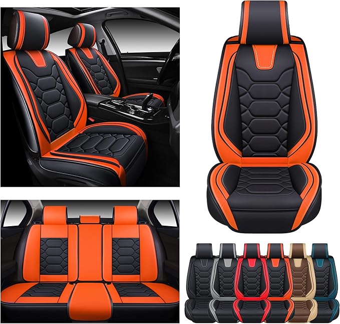OASIS AUTO Car Seat Covers Full Set, Waterproof Faux Leather Seat Covers for Cars Universal Fit for SUV, Truck, Sedan, Black Premium Car Seat Protector with Front & Back Cushions (OS-004 Black&Orange)
