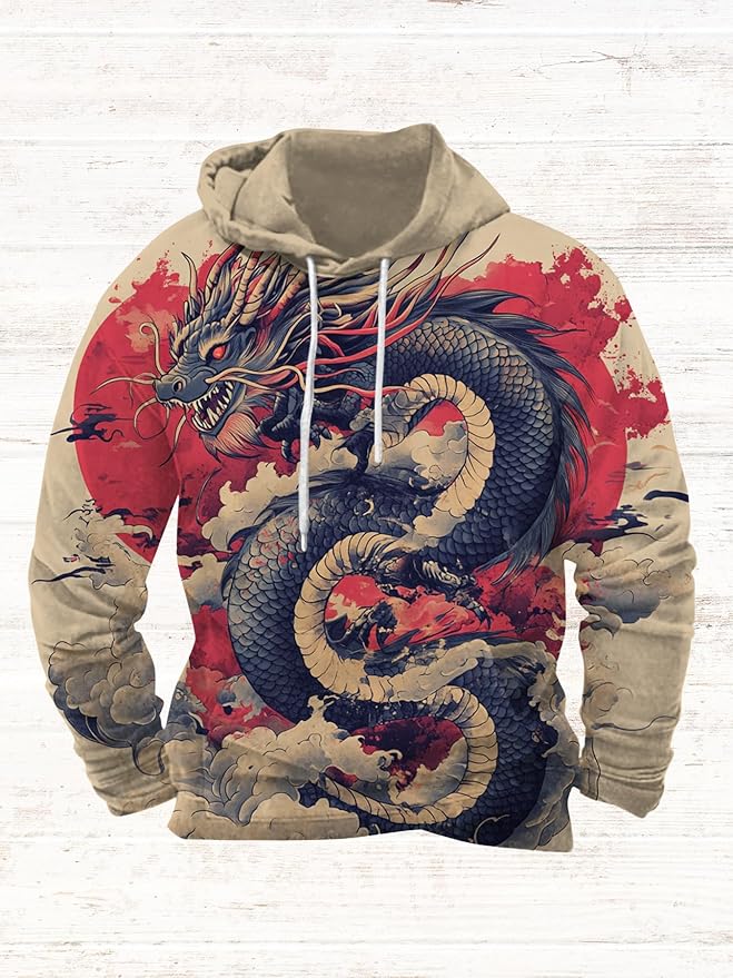Mens Animal Print Graphic Hoodies Casual Long Sleeve Japanese Art Style Hooded Sweatshirt Lightweight Pullover Tops