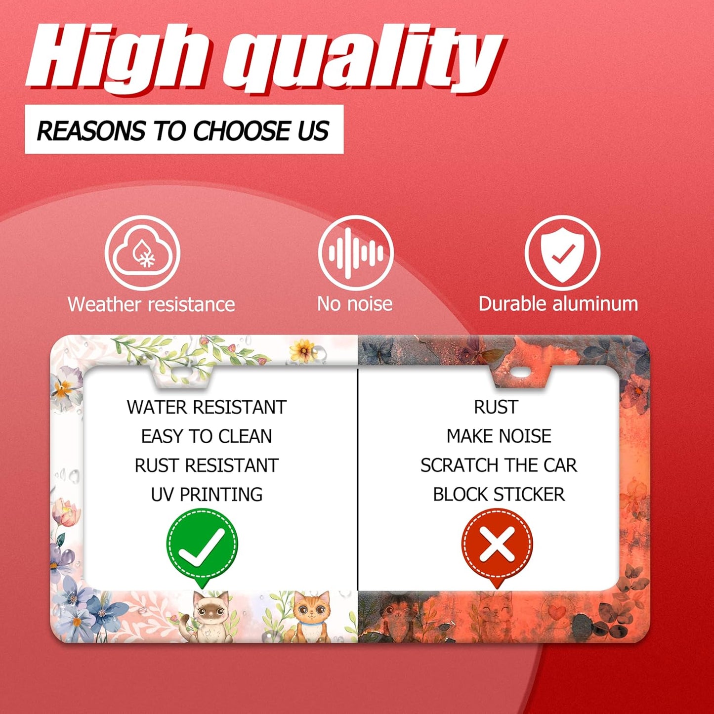 Cat License Plate Frame Beautiful Butterflies Flowers License Plate Holder Funny Personalise Car Stainless Stee Decorative Parts for Standard Us Canada Vehicles 12x6 Inch for Women Men