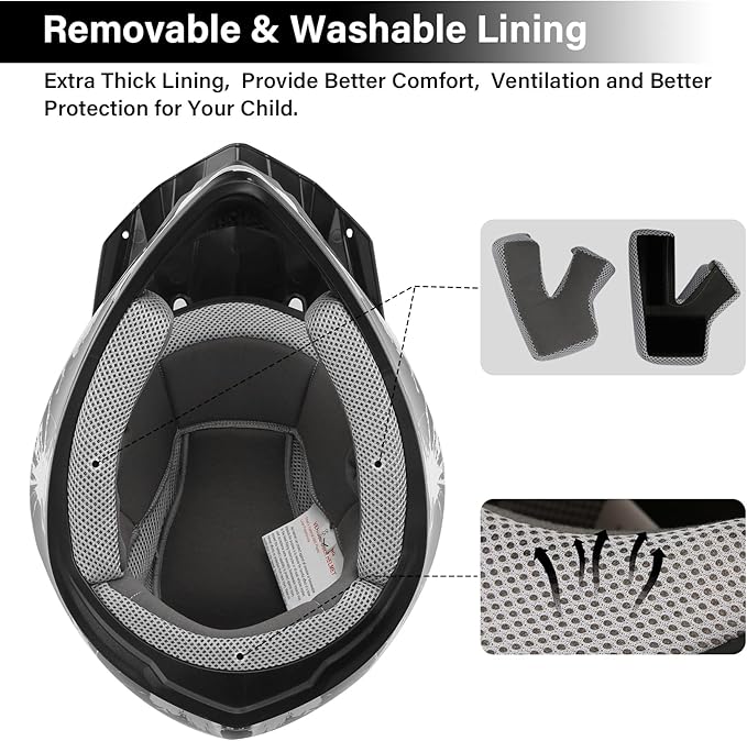XFMT DOT Youth Kids Dirt Bike Helmet Full Face Motocross Helmets for Off-Road ATV Street Bike Four Wheeler Motorcycle with Goggles & Gloves, Black White Firework X-Large