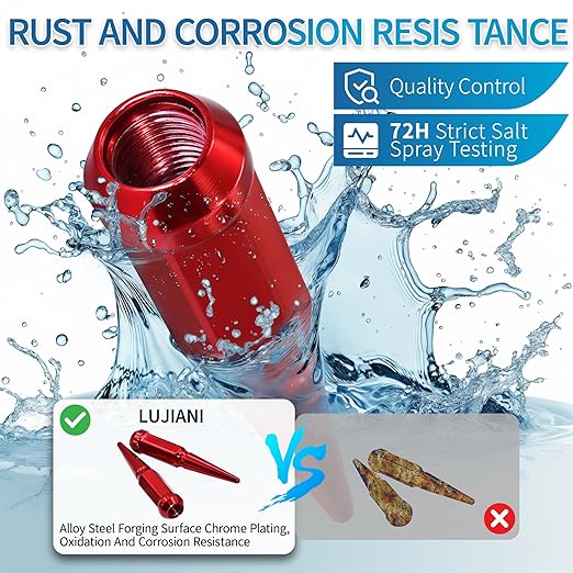 M12X1.5 Red Wheel Spike Lug Nuts, 24 PCS Lug Nut Wheel Accessories with 1 Socket Key, Thread Spiked 4.4" Long Closed End Nuts Compatible with Camry Accord Impala