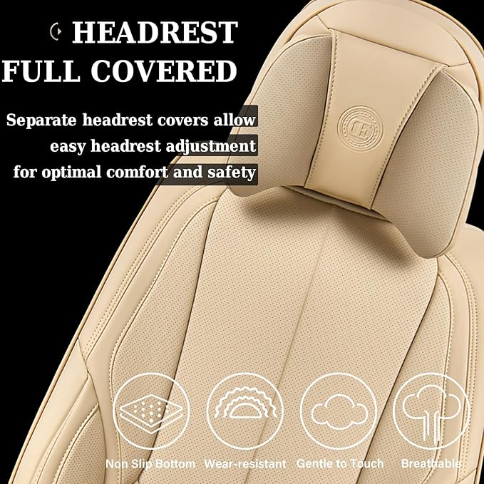 Coverado Universal Seat Covers Front, Universal Seat Covers for Cars, 2-Pack Waterproof Nappa Leather Car Seat Covers with Head Pillow, Auto Protectors Fit for Most Sedans SUV Pick-up Truck-Beige