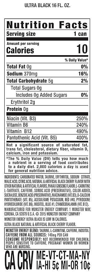 Monster Energy Ultra Black, Sugar Free Energy Drink, 16 Ounce (Pack of 15)
