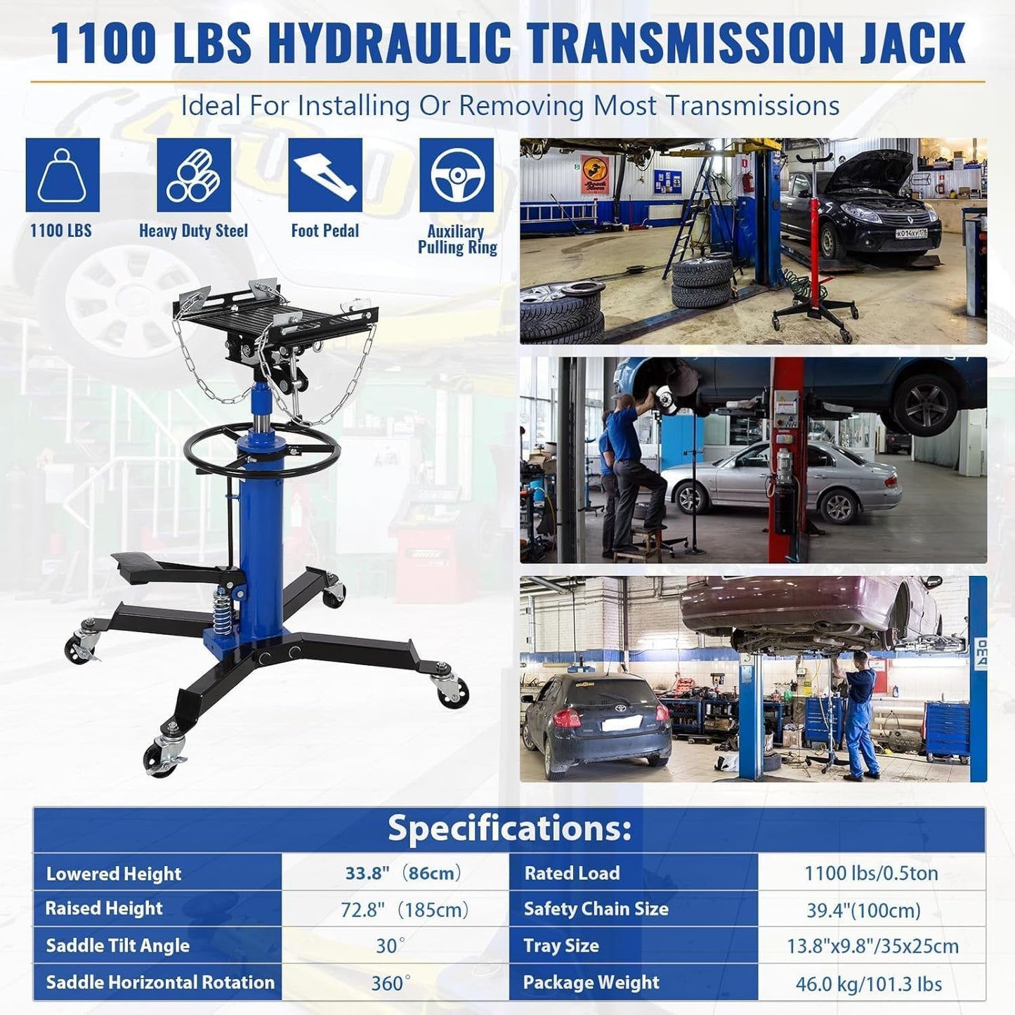 Transmission Jack 1100 LBS Hydraulic Telescoping 2-Stage Lift Jack Stand 33.8"-72.8" High Lift Transmission Jacks with Foot Pedal & 360° Swivel Wheels for for Garage/Workshop Car and Truck Repairs