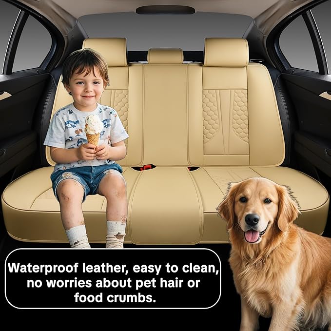 Beige Leather Car Seat Covers - Luxury Waterproof Car Seat Protectors with Lumbar Support, Non-Slip Base, Airbag Compatibility, Easy Installation and Cleaning