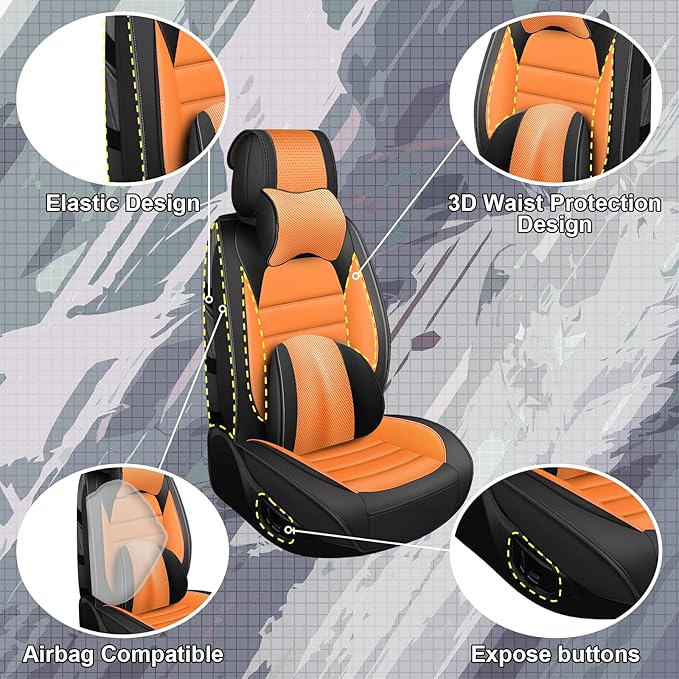 Full Set Car Seat Covers for GMC Sierra 1500/2500/3500 Denali SLT AT4 AT4X Base Seat Covers 2008-2025, Waterproof Premium Nappa Leather Seat Protectors(Luxury 5 Seats/Black&Orange)