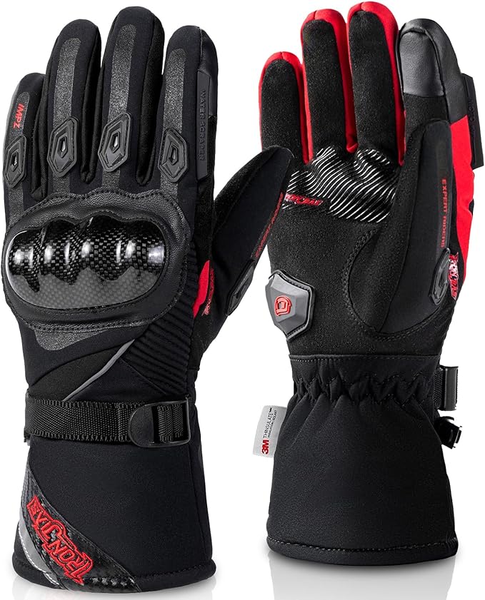 BORLENI Winter Motorcycle Gloves for Men, CE Level 1 KP Protection, Touchscreen Windproof Waterproof Warm Riding Gloves with Carbon Fiber Shell for Cold Weather