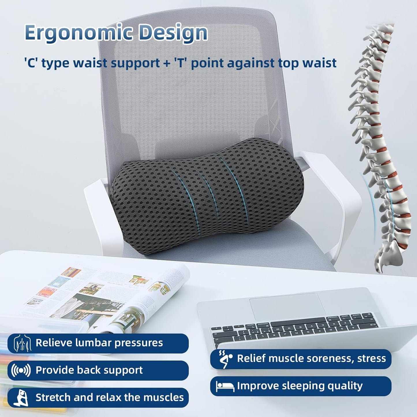 Lumbar Pillow, Memory Foam Lumbar Support Pillow for Office Chair and Car Seat, Ergonomic Streamline Back Pillow for Lower Back Pain Relief, Back Support Pillow for Sitting, Driving, Traveling