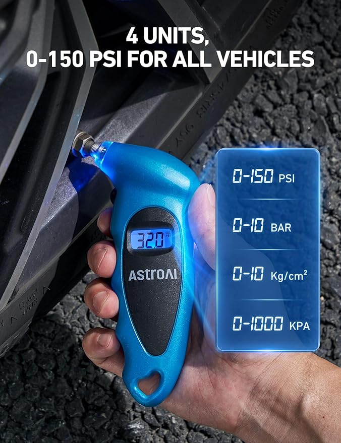 AstroAI Digital Tire Pressure Gauge 0-150PSI, Accurate in 0.1 Increments, Backlit LCD and Presta Valve Adaptor Included, 4 Units of Measurement for Car Truck Bicycle, Blue