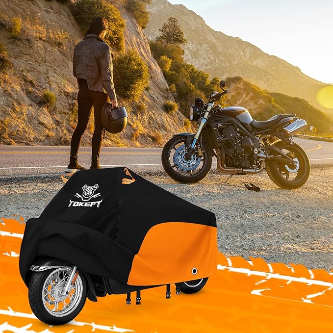 Motorcycle Cover, Heavy Duty Outdoor Waterproof Motorcycle Cover, Motorcycle Scooter Cover with Locking Holes for Yamaha Honda Suzuki Kawasaki up to 116 Inch (XXXL Black&Orange)