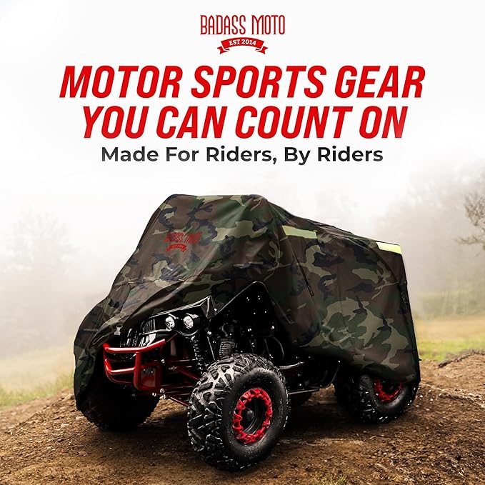 Badass Moto Camo 4 Wheeler Cover – ATV Cover Four Wheeler. Heavy-Duty, Triple-Waterproof Rip-Resistant, Night-Reflective Quad Cover w/Moisture Release Vents. No Zipper. Medium 85”, Camouflage