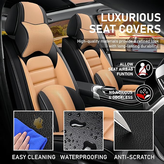 Car Seat Covers Fit for Toyota Highlander 2000-2025 | 7 Seat Car Seat Cover | No-Slip Waterproof Breathable Faux Leather Automotive Seat Covers Auto Interior Covers Black-Orange,Full Set with Pillow