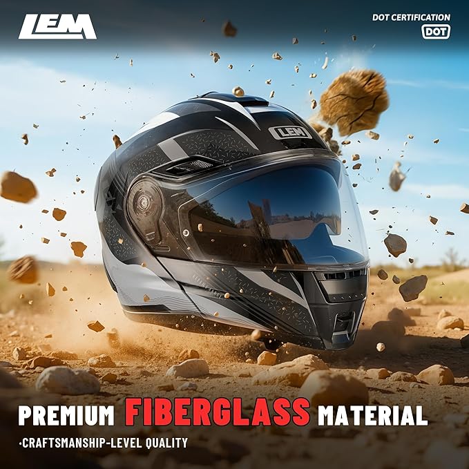 LEM Modular Motorcycle Helmets Fiberglass, Full Face Motorcycle Helmet Flip Up for Touring, DOT Certified, Release Sun Visor & Removable Comfort Liner, Lightweight Street Bike Helmet (Grey/Black,M)