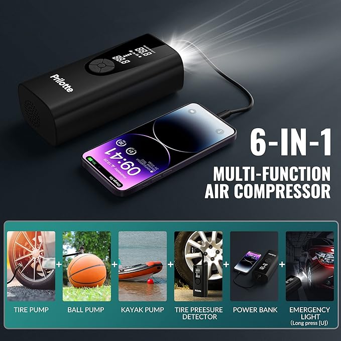 Tire Inflator Portable Air Compressor-Upgrade Air Pump for Car -180 PSI Electric Tire Inflation-Cordless Tire Pump with Pressure Gauge Emergency Light for Motor, Bike, Ball (Charcoal‌) (Charcoal‌)