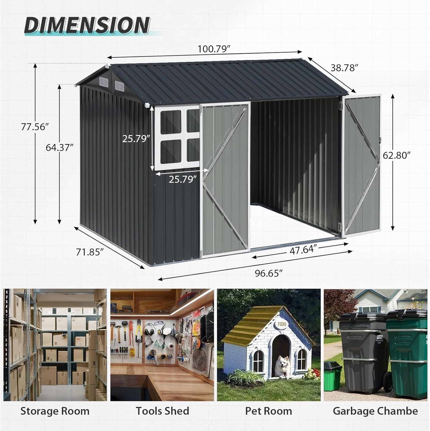 Verano Garden 8x6FT Outdoor Storage Shed, Galvanized Steel Metal Garden Shed with Large Window, Lockable Double Door, Outdoor Tool Shed for Backyard, Patio, Lawn(96.65"x71.85"x77.56")