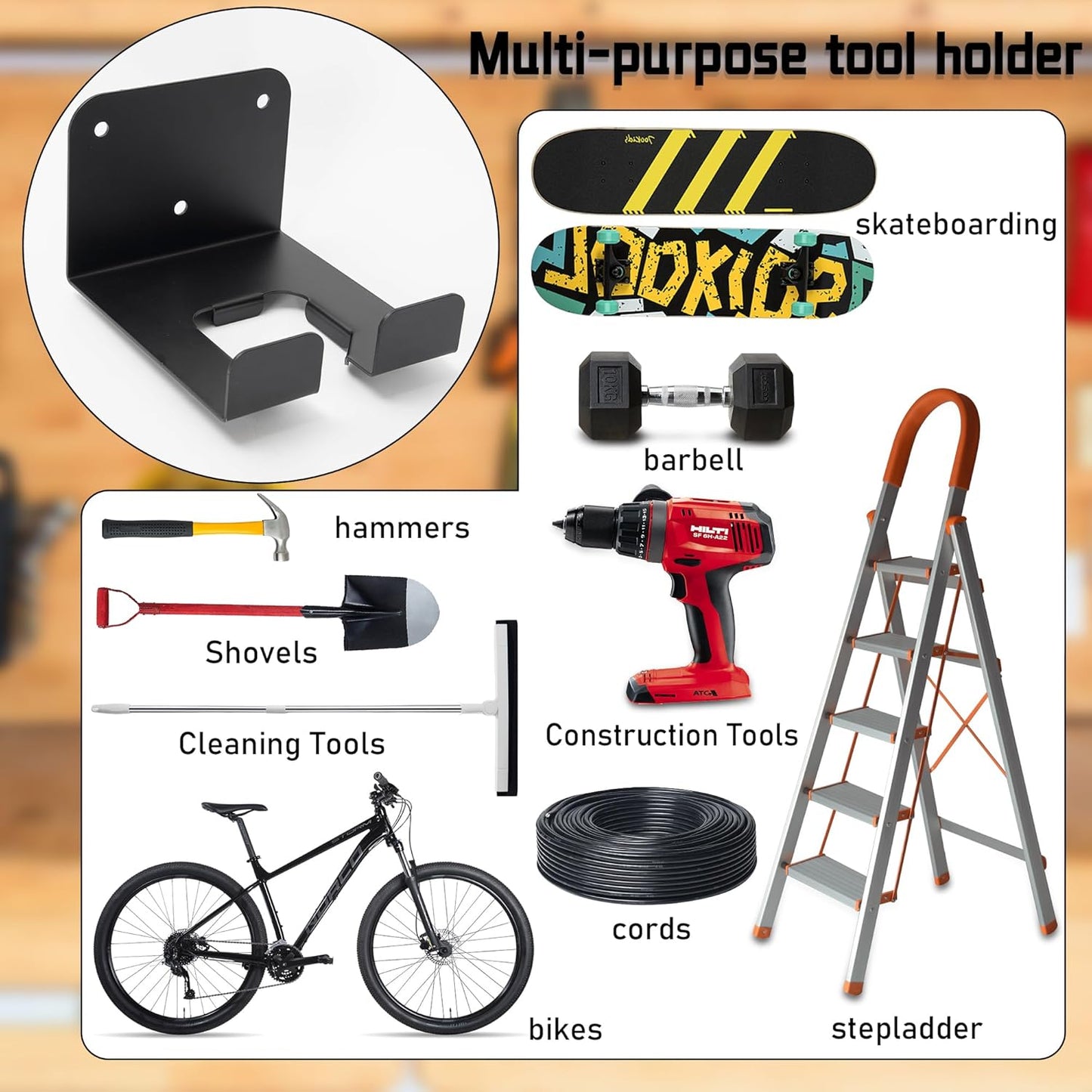 Weedeater Hanger, 1 Pack Weed Eater Hanger for Garage Wall-mounted Organizer Trimmer Rack Storage for Grass Trimmer, Hedge Trimmer, Garage Wall, Garden Tools, Black