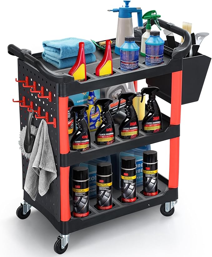 DWVO Rolling Auto Detailing Cart with Wheels & Hanging Bucket, 3-Tier Organizer with Hooks & Long Hanging Panel, Car Wash Utility Cart for Garage, Workshop, Repair Shop, DIY Home (17" D x 33" W)