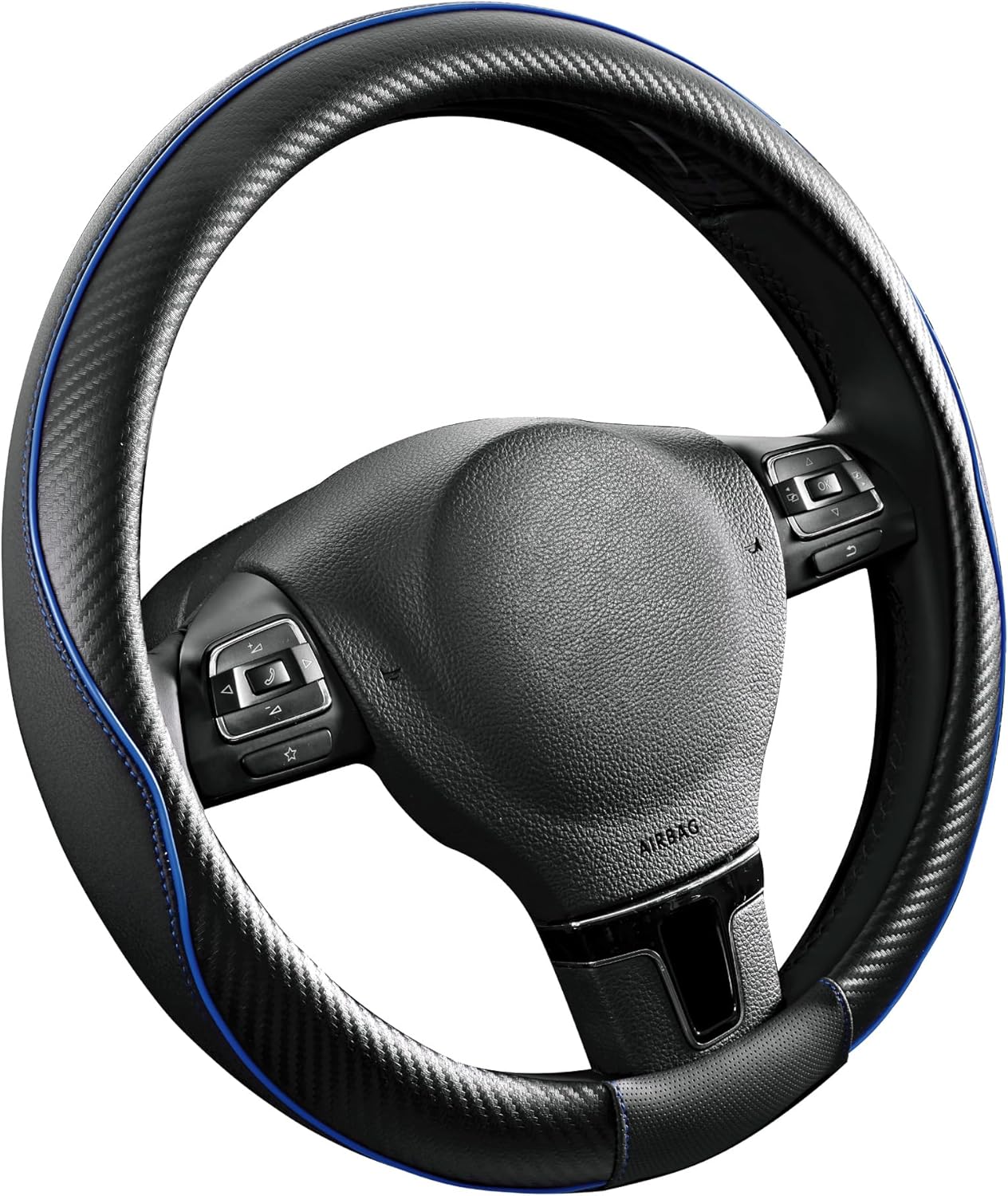 PIC AUTO Steering Wheel Cover, Blue Piping Leather, Sports Carbon Fiber and Super Breathable Leather, Universal 14.5-15.5 Inch Anti-Slip Steering Wheels Accessories for Men & Women