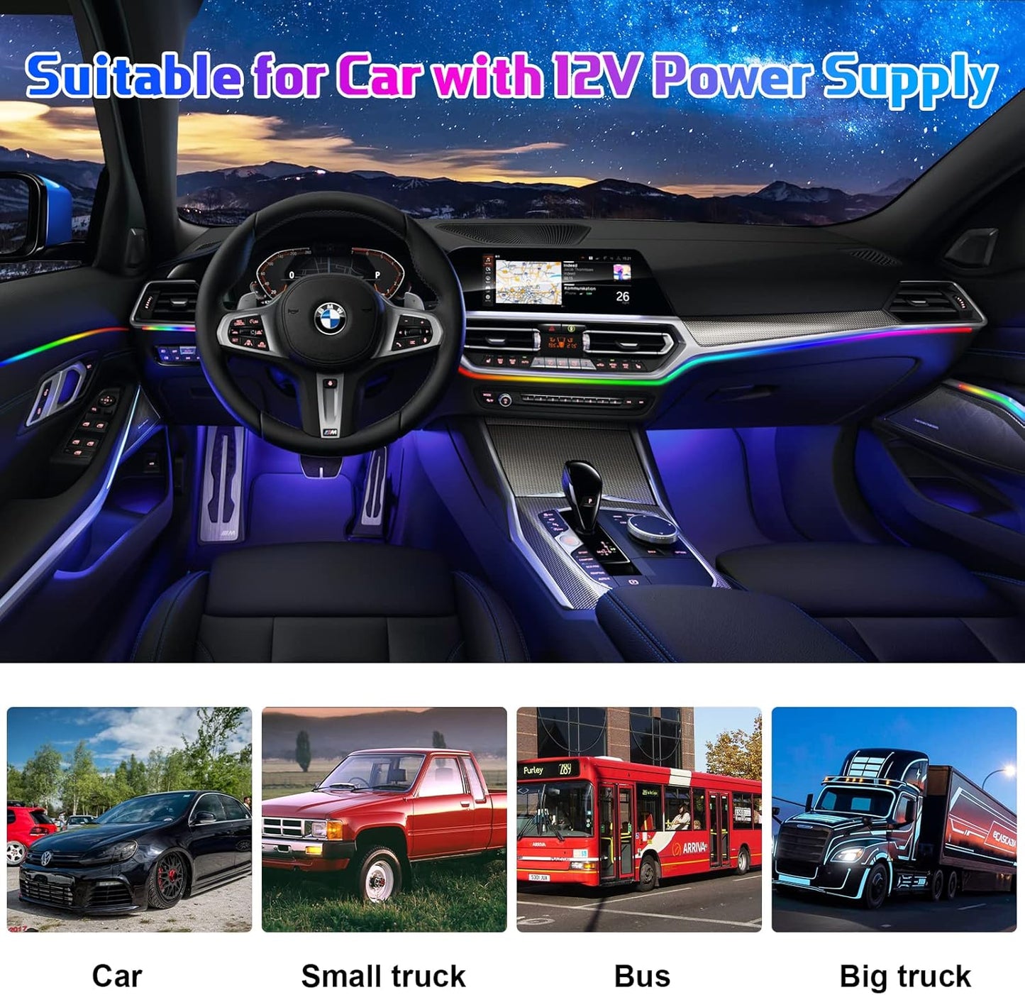 Acrylic Interior Car LED Strip Light, AMKI Car Led Lights Interior with Wireless App, Dreamcolor RGB 10 in 1 with 175 inches 593 LEDs Ambient Lighting Kits, 16 Million Colors Music & DIY Function