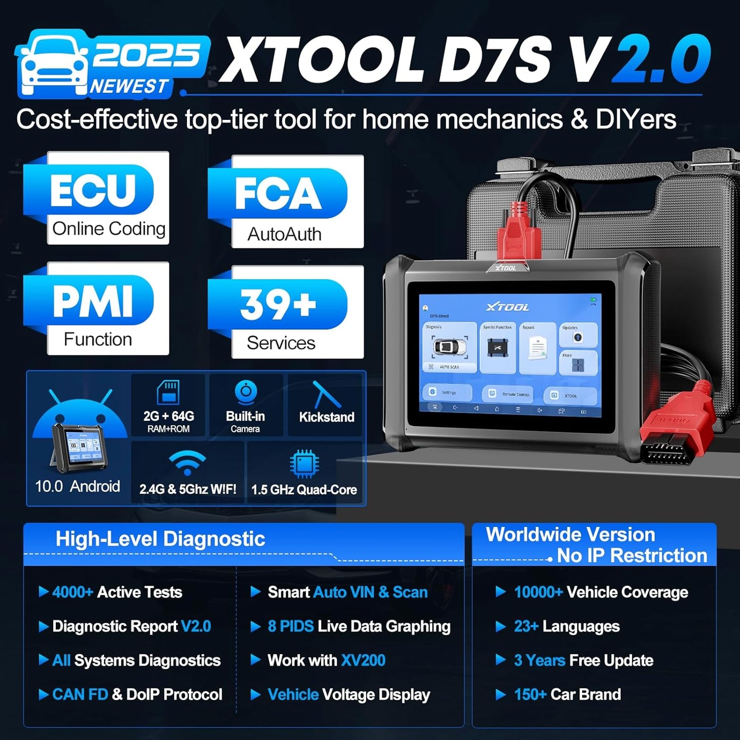 XTOOL D7S Bidirectional Scan Tool, 2025 OBD2 Scanner Diagnostic Tool with FCA AutoAuth, All System Car Scanner, 39+ Resets, ECU Coding, PMI, Upgrade of D7, Crankshaft Relearn, CAN FD/DoIP, 3-Yr Update