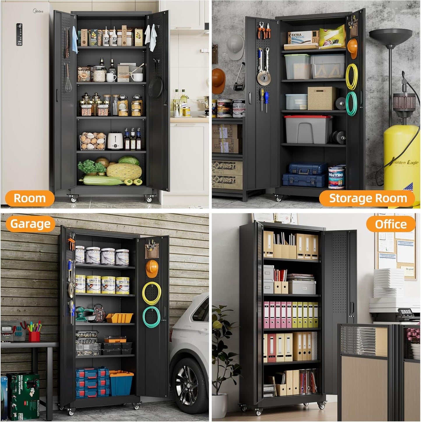 Garage Storage Cabinet with with Pegboard and Wheels,73" Metal Lockable File Cabinet with 2 Doors and 4 Adjustable Shelves,Tool Storage,Home Office Garage,Gym,School (Black)