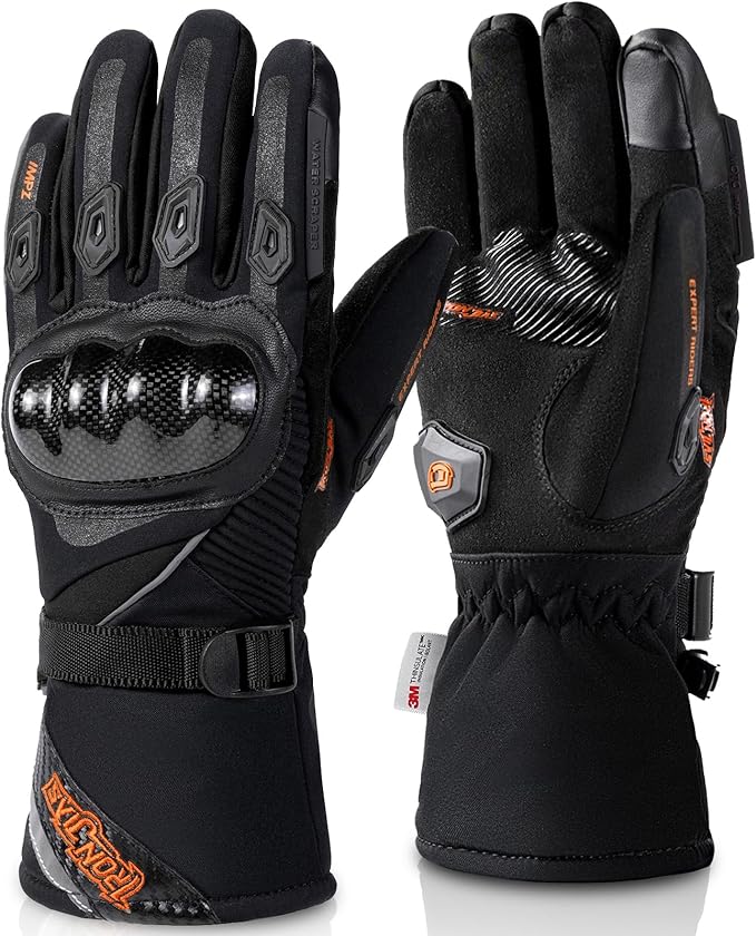 BORLENI Winter Motorcycle Gloves for Men, CE Level 1 KP Protection, Touchscreen Windproof Waterproof Warm Riding Gloves with Carbon Fiber Shell for Cold Weather