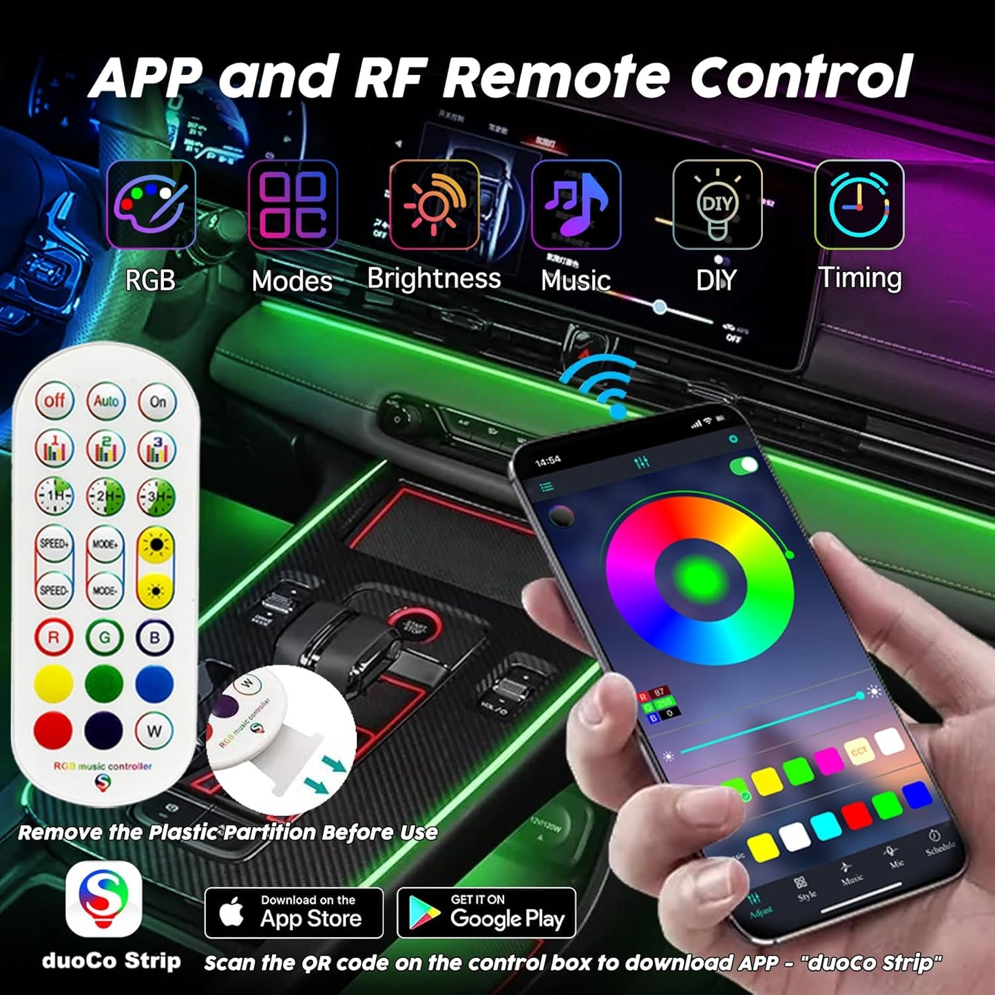 USB Car LED Lights, Interior Car Lights Strip with APP and RF Remote Control, 5 in 1 Ambient Lighting with 276 inches Fiber Optic Music Sync Simple Installation EL Wire Lights (5 in 1/276 inches)