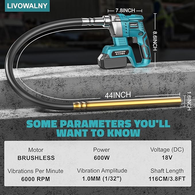 LIVOWALNY Handheld Concrete Vibrating Tool Compatible with Makita 18V Battery(No Battery), 600W Cordless Electric Concrete Vibrator w/3.8ft Shaft Rod, Portable Pencil Cement Vibrarator Remove Bubble