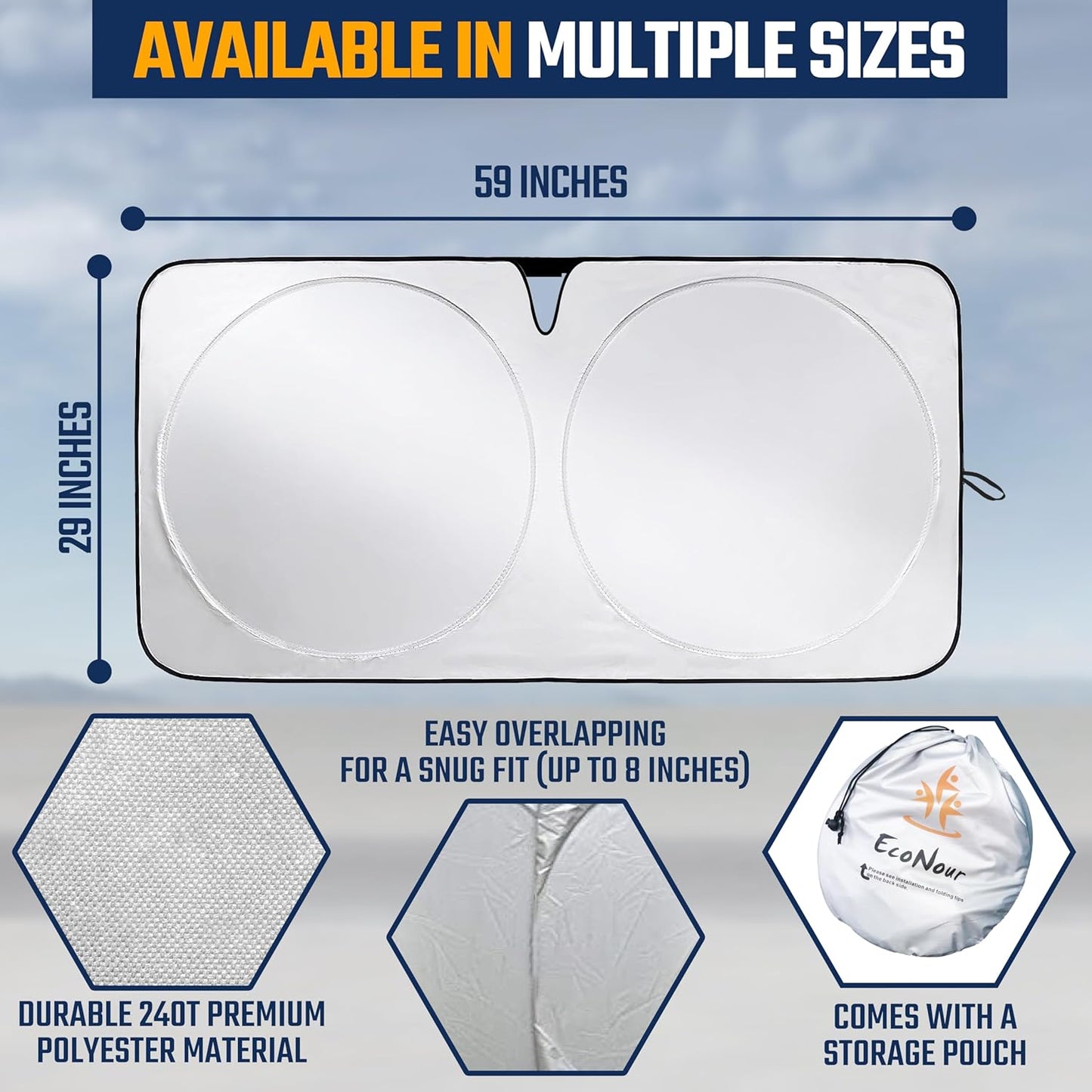 EcoNour Car Windshield Sunshade | Advanced Light-Blocking Protection | Foldable Sun Shade with Mirror Cut-Out Keeps Your Vehicle Cool | Fit for Cars, Trucks, and SUVs | Small (59 x 29 in)