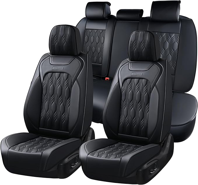 Coverado Car Seat Cover, Black Luxury Seat Cover for Cars, Premium Nappa Leather Seat Covers Full Set with Embossed Pattern, Waterproof Car Seat Protector Car Seat Cushions Universal Fit Most Vehicle