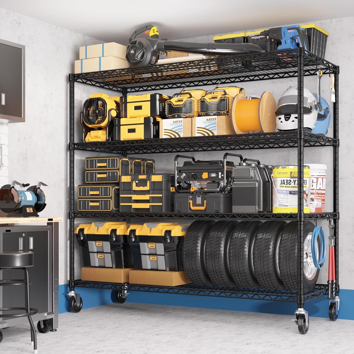 PrimeZone 5 Packs 55.5" W x 24" D x 80" H Heavy Duty Wire Storage Shelves with Wheels, 4 Tier Adjustable NSF Certified Garage Shelving Unit, Rolling Metal Organizer Shelf Rack for Warehouse, Pantry