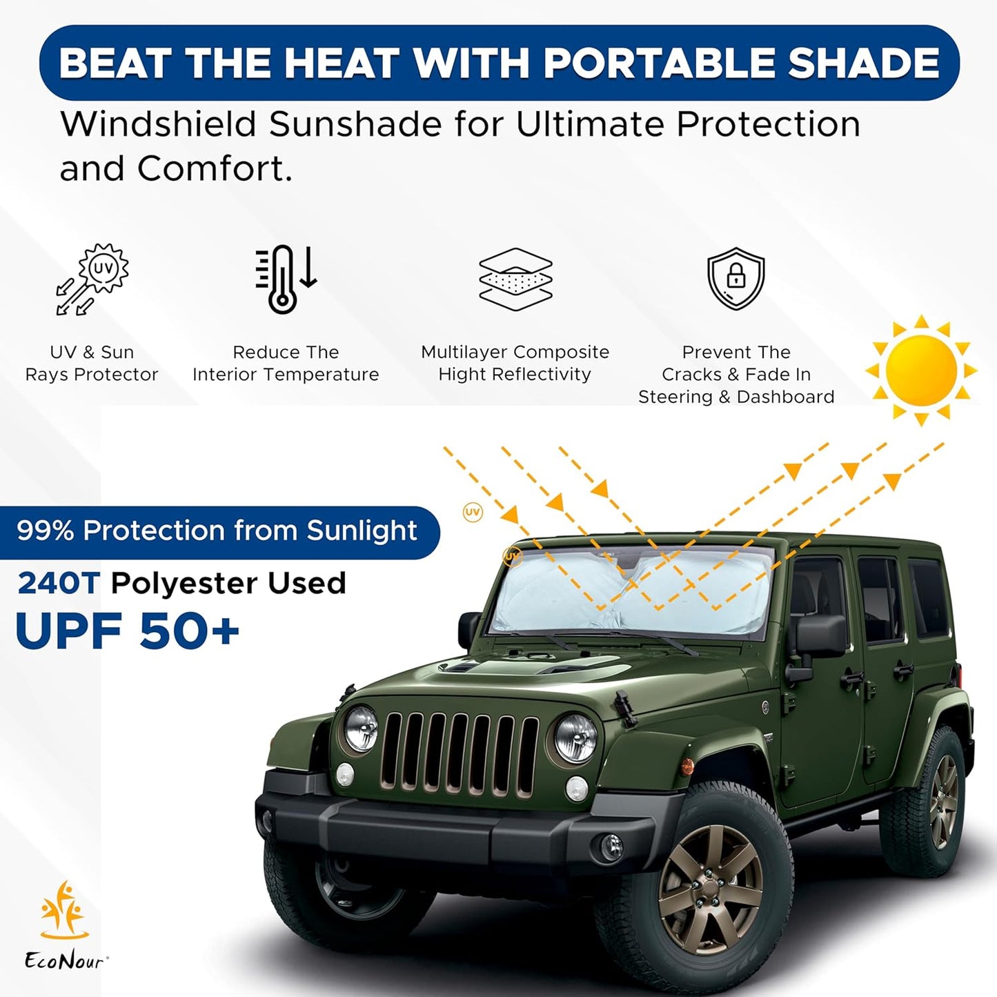 EcoNour Jeep Wrangler Windshield Sunshade | Front Windshield Sun Shade to Protect UV Rays and Heat Glare | Jeep Accessories Cover | Fits Wrangler, Gladiator, Rubicon | X-Small (60"x21")