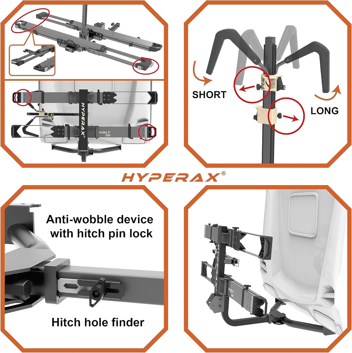HYPERAX Patented Lift Assisted Volt Lift RV Rated Hitch Mounted 2 E Bike Rack Carrier Up to 2X 80lbs eBikes with Up to 5" Fat Tires for RV and SUV